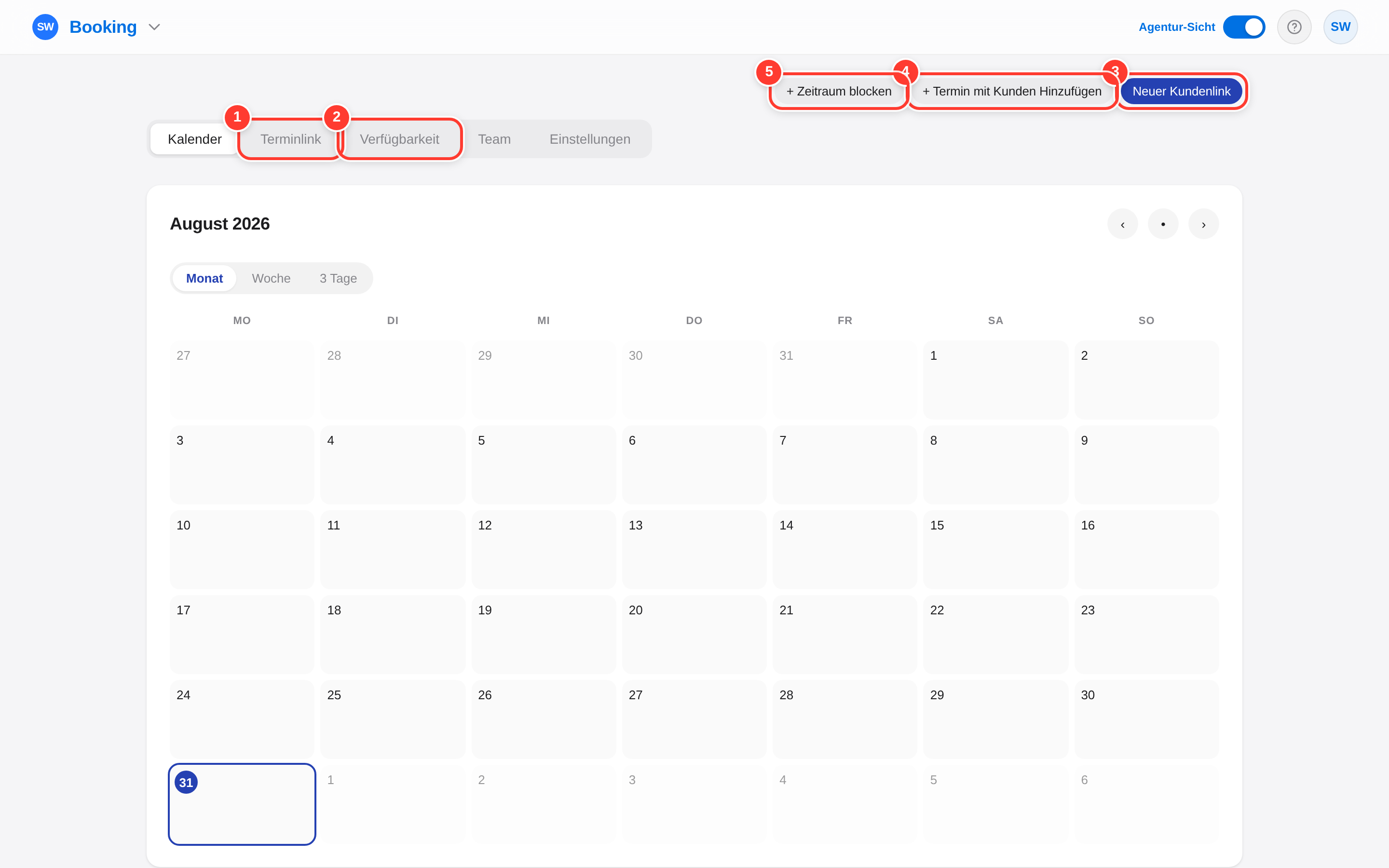 Der Booking-Kalender mit den Reitern und den Aktionen oben rechts