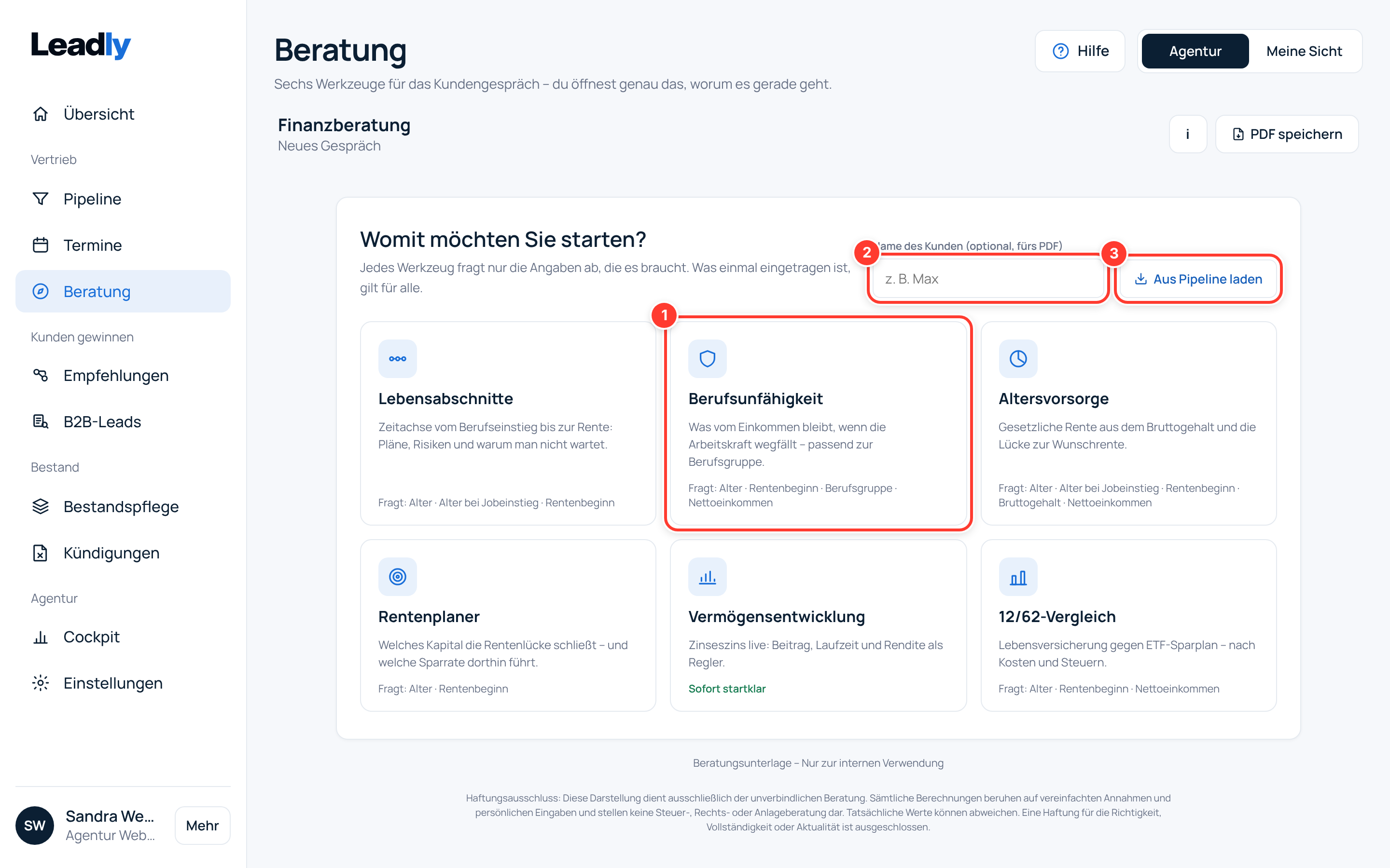 Die Kachel-Übersicht der Guidance mit sechs Werkzeugen