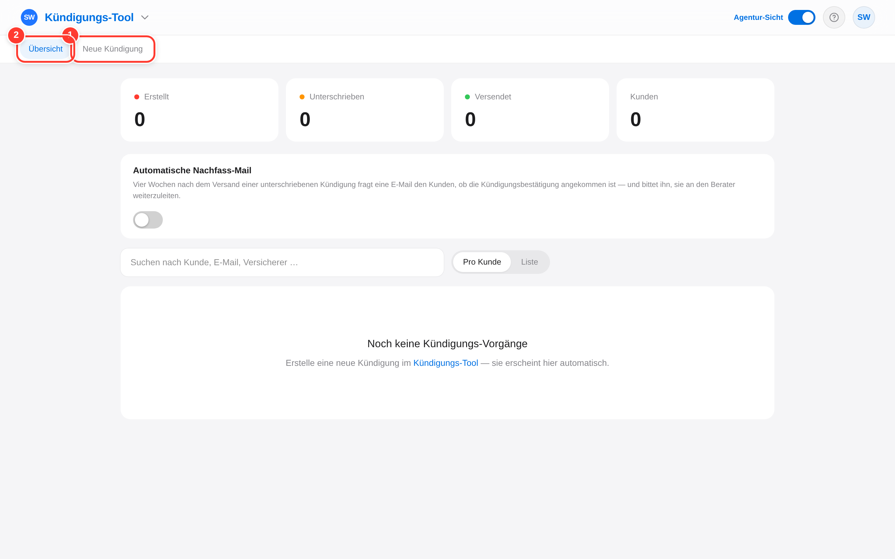 Das Kündigungs-Tool mit den Reitern Übersicht und Neue Kündigung
