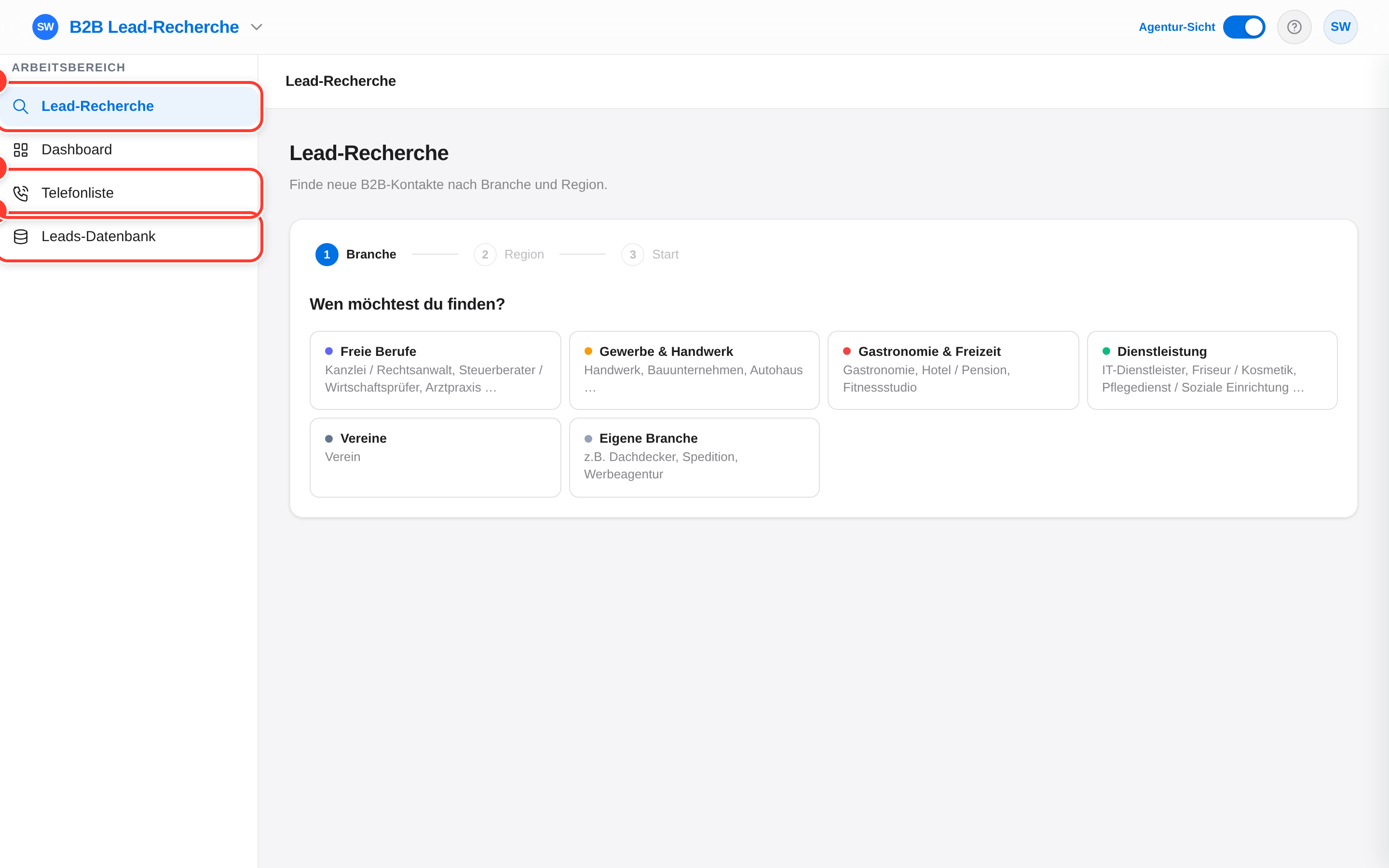 Die Lead-Recherche mit Navigation zwischen Recherche, Datenbank und Telefonliste
